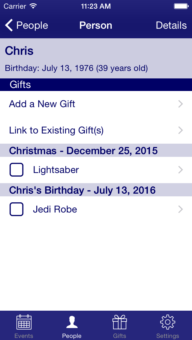 Nifty Gifty Person Details Screenshot